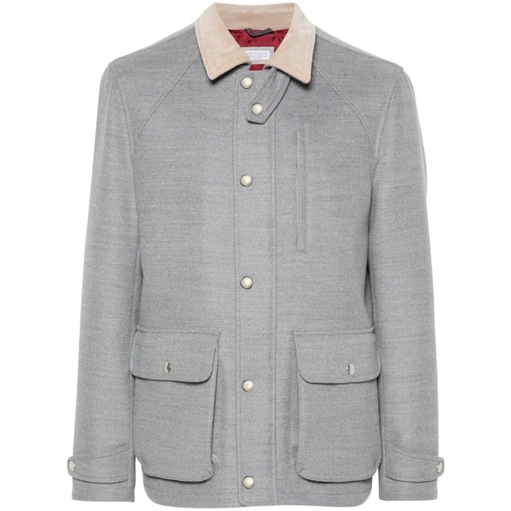 BRUNELLO CUCINELLI Grijze wollen jas met geribbelde fluwelen kraag Gray Heren