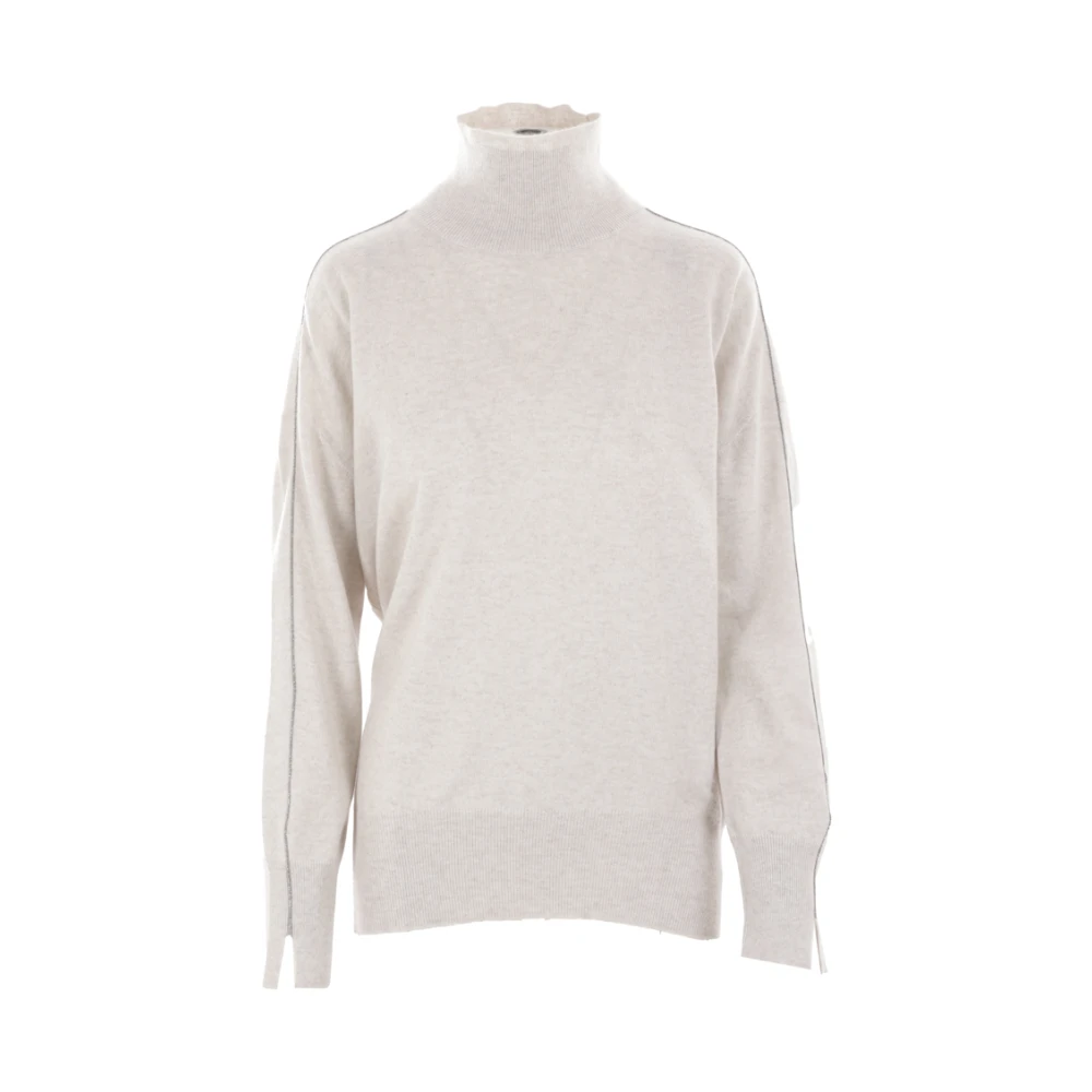 Brunello Cucinelli Kashmir Turtleneck Sweater med Monili Broderi Beige, Dam