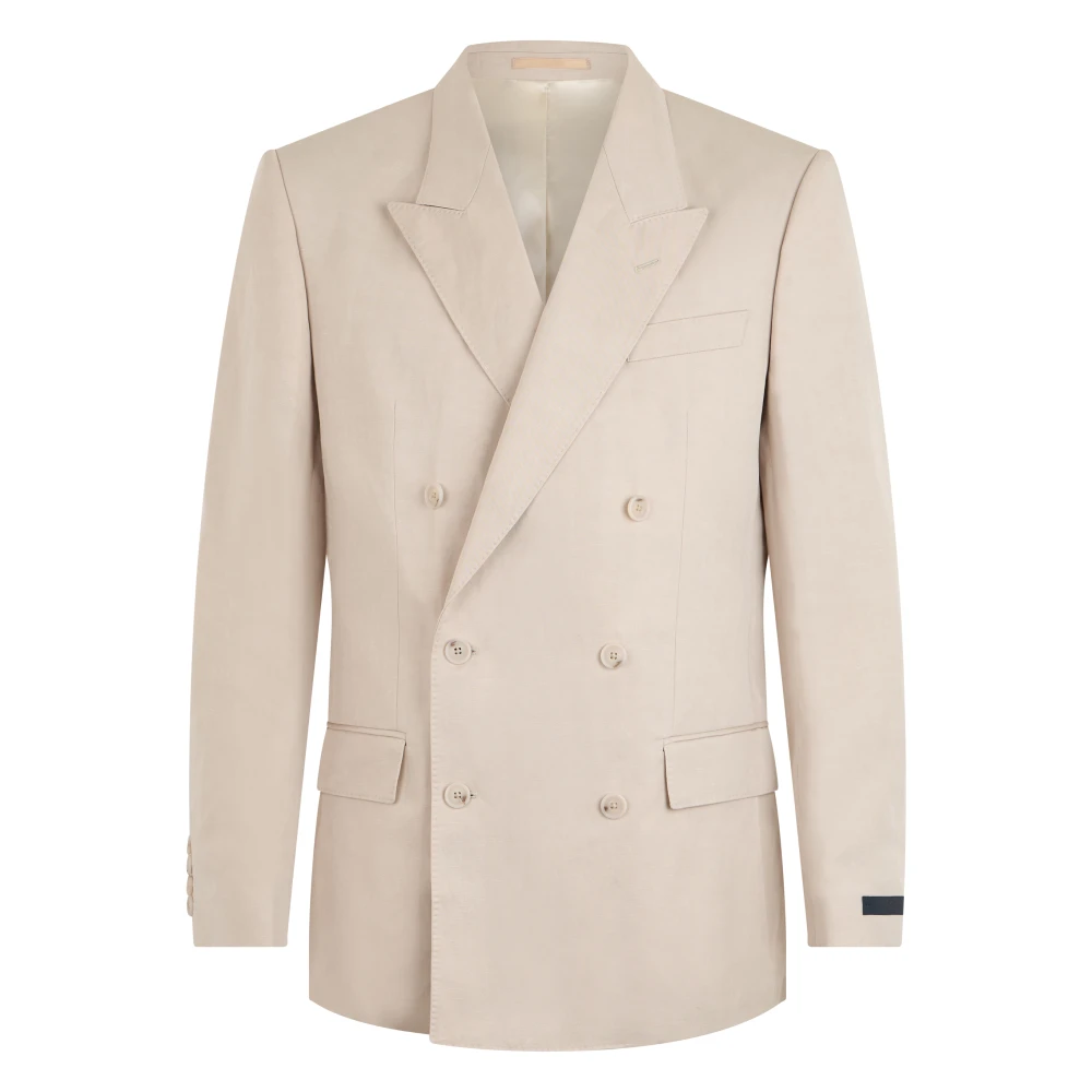 Hugo Mannelijk Beige Kostuums Heren, M, Linnen, Slim-Fit Double-Breasted Blazer