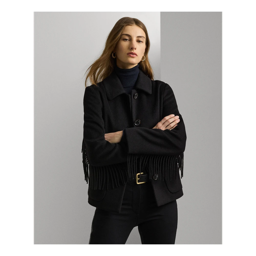 Ralph Lauren Zwarte Jas met Franjes van Wolmix Black Dames