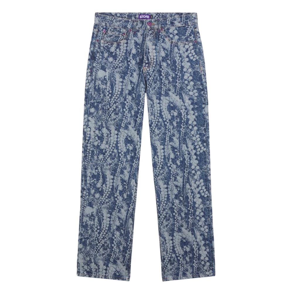 Octopus Losse Denim Jeans met Zeefdruk Blue Heren