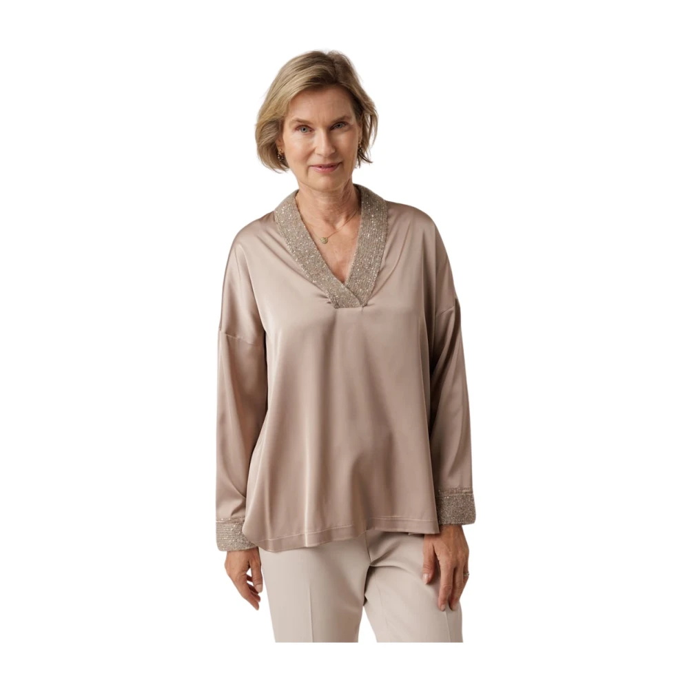D.Exterior Gebreide V-hals Pailletten Blouse Beige Dames