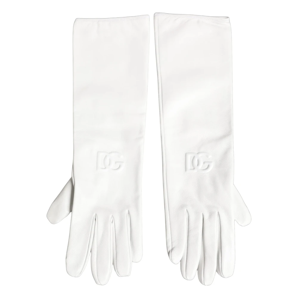Dolce & Gabbana White Genuine Leather Embossed DG Logo Gloves - M - Image 2