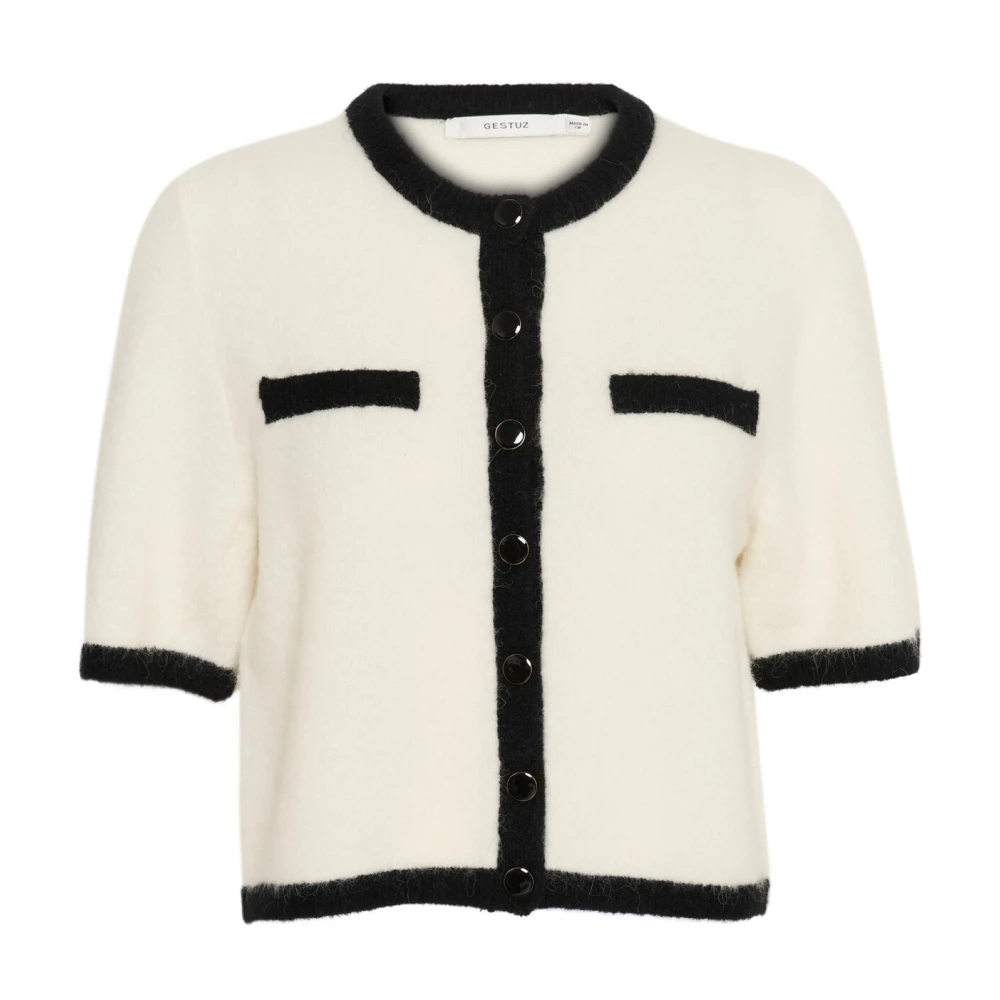 Gestuz Kontrast Cardigan Ivory/Black Combo Beige, Dam