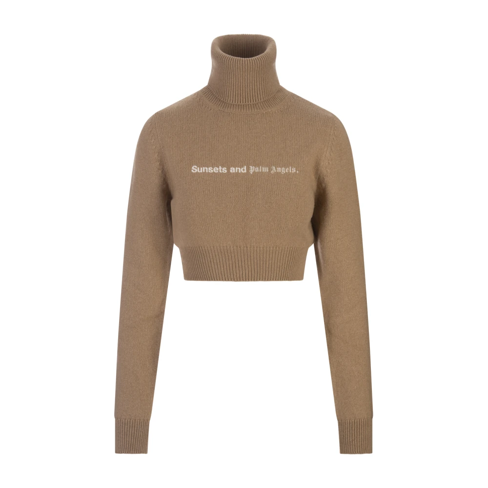 Brun Crop Turtleneck Sweater med Slogan