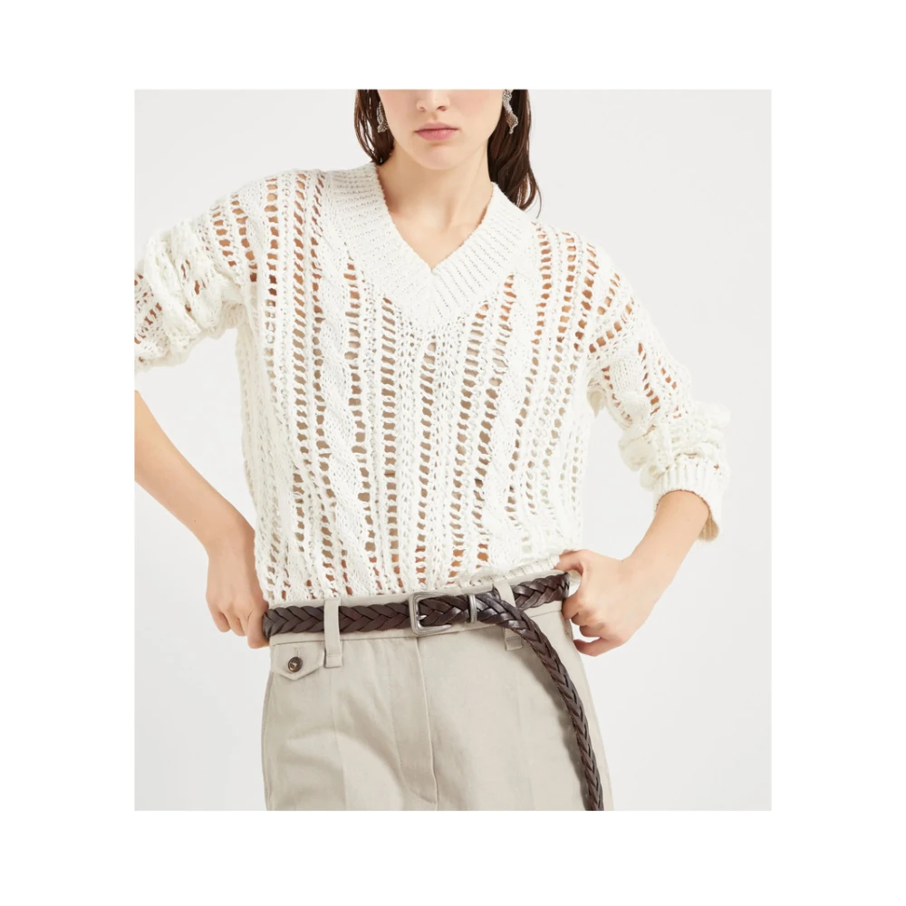 BRUNELLO CUCINELLI Witte Geribbelde V-Hals Trui White Dames