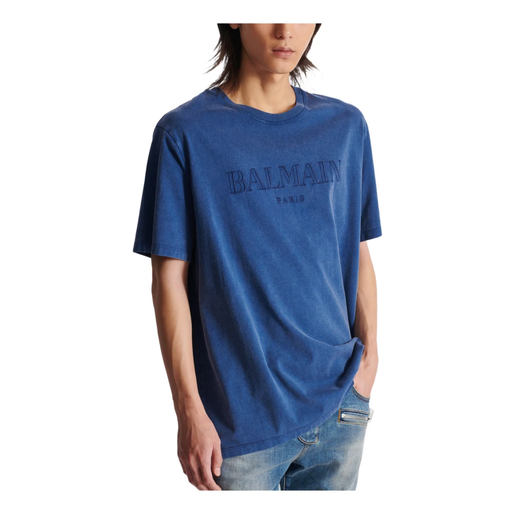 Balmain Los T-shirt met vintage borduurwerk Blue Heren