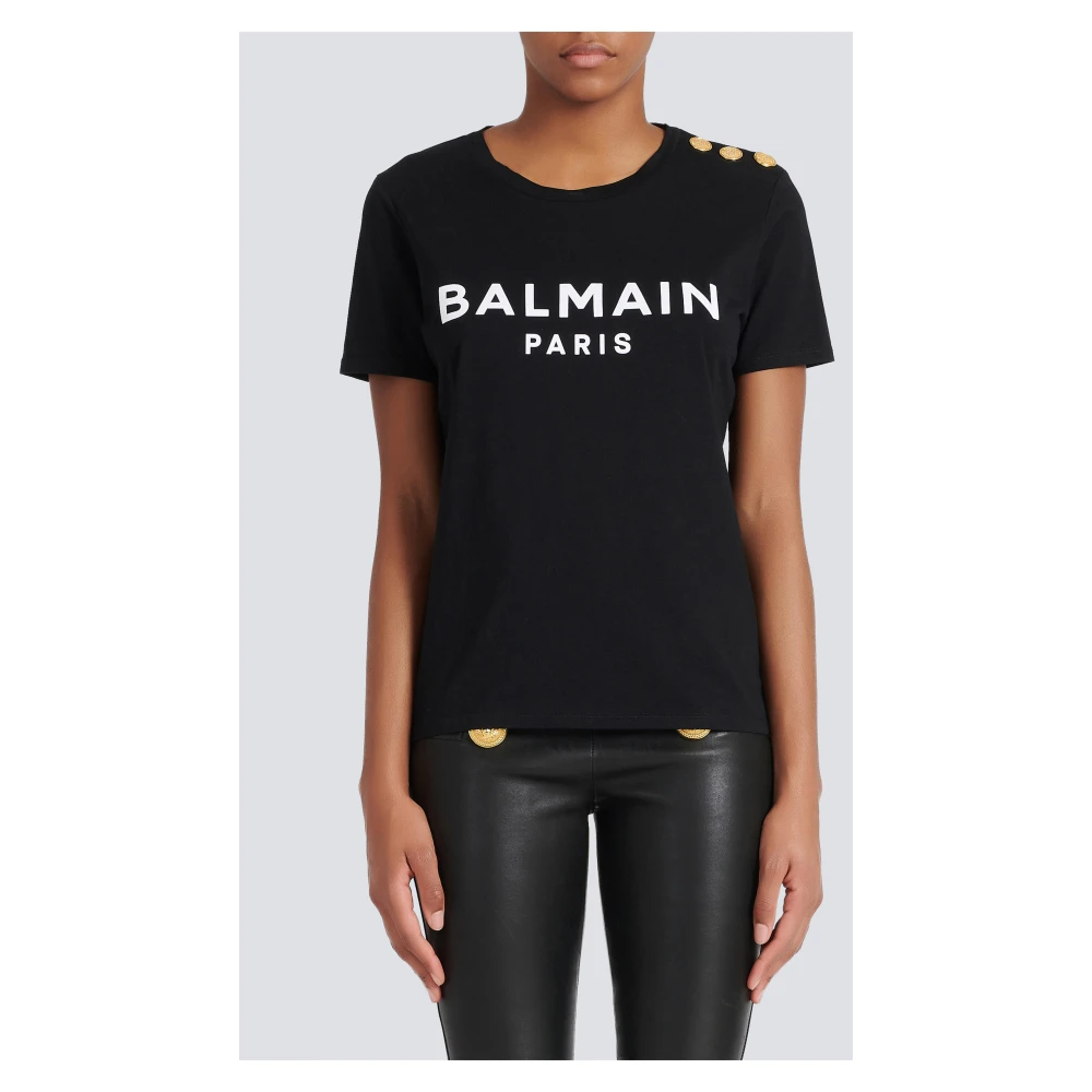 Balmain Wit Logo Print Crew Neck T-Shirt Black Dames
