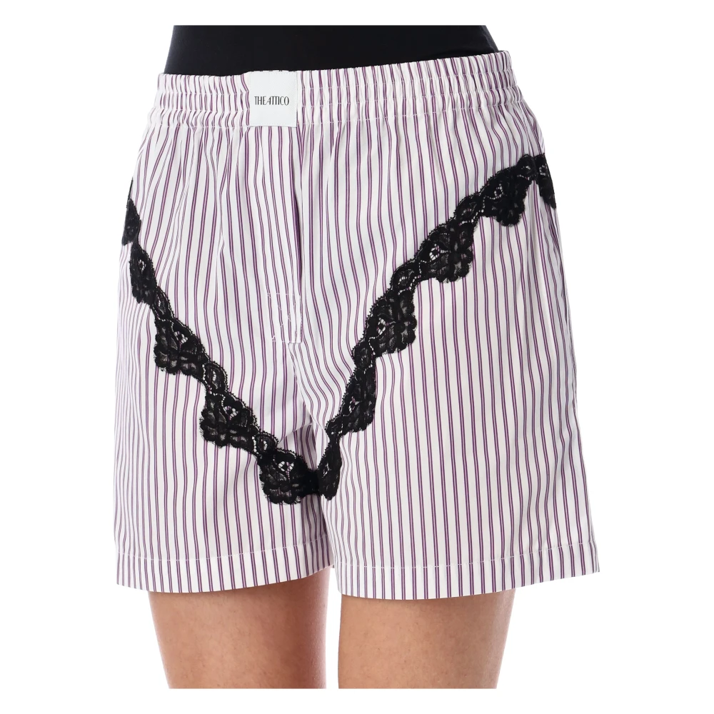 The Attico Gestreepte katoenen shorts met kantinzetten Purple Dames