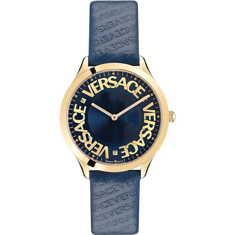 Versace Women's Blue Watches, One Size, Logo Halo Leather Watch Gold