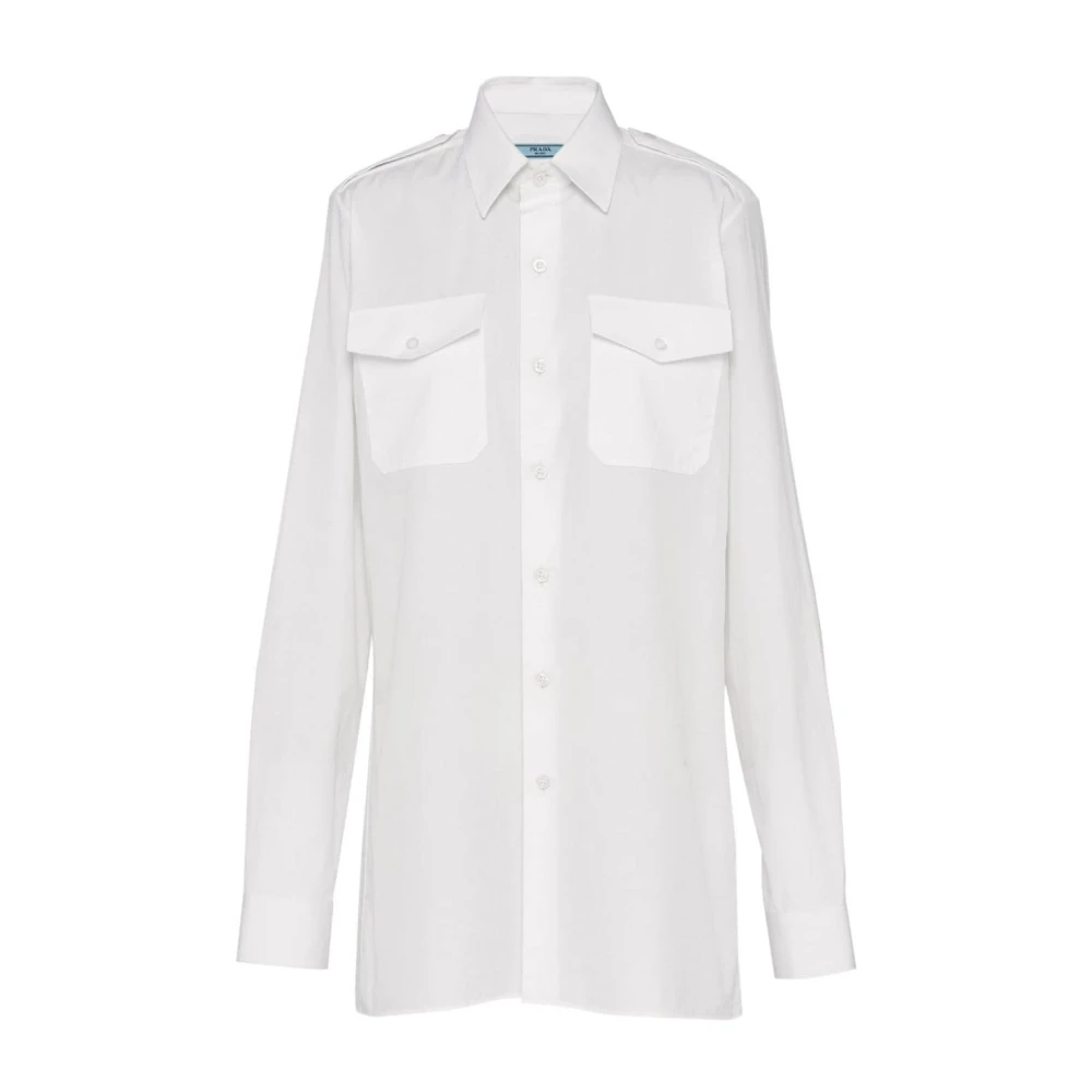 Prada Witte Oversized Katoenen Poplin Shirt met Driehoekig Logo White Dames
