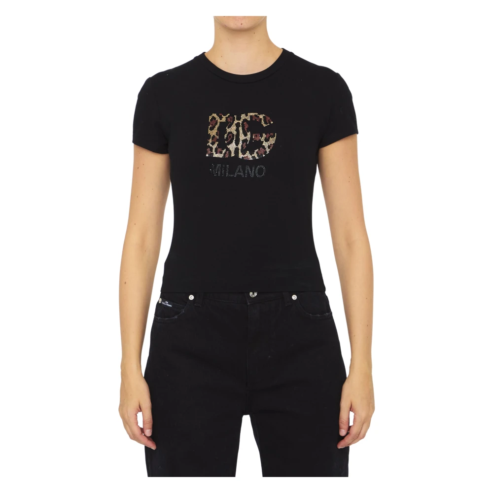 Dolce & Gabbana Zwart Leopard Print Crop T-Shirt Slim Fit Black Dames