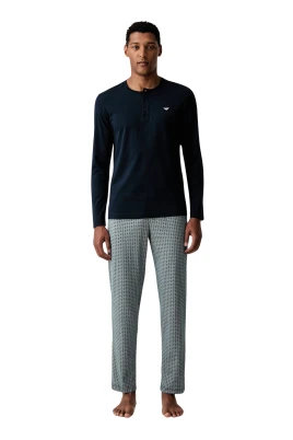 Pyjamasset i bomull med Henley-topp och geometriska byxor