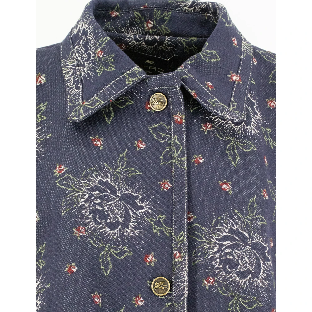 ETRO Bloemen Jacquard Denim Cape met Pegasus knopen Blue Dames