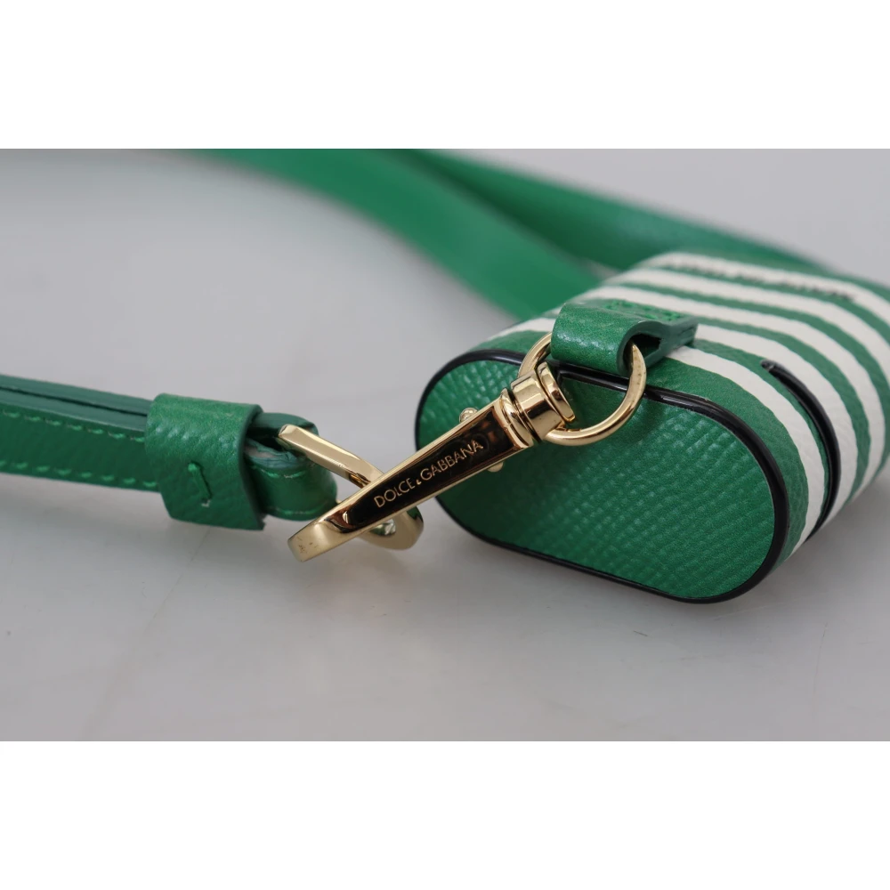 Dolce & Gabbana Groen Leren Band Airpods Hoesje met Gouden Metalen Logo Green Dames