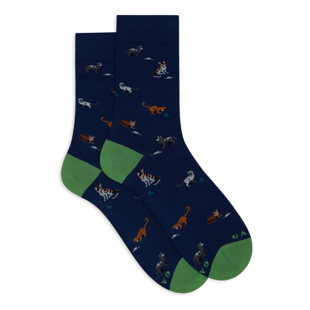 Gallo Korte blauwe katoenen sokken voor heren met kat muis en garenbal motief Multicolor Heren