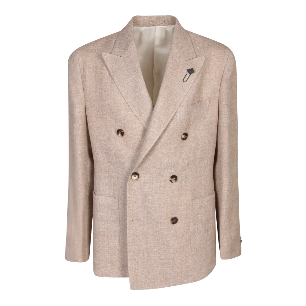 Lardini Beige Linnen Dubbel-Breasted Blazer Beige Heren
