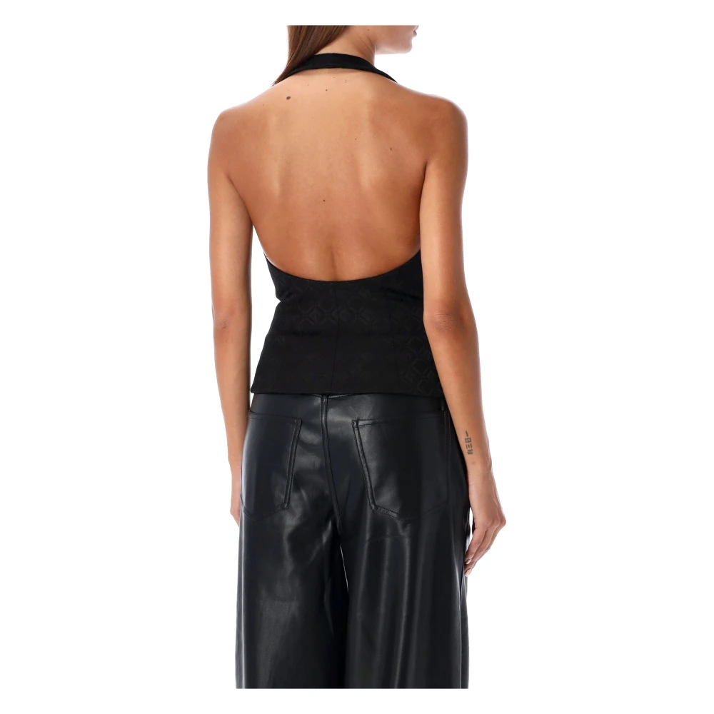 Marine Serre Maan Diamant Jacquard Halternek Top Zwart Black Dames