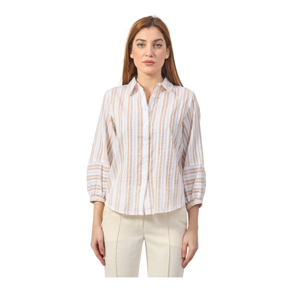 Silvian Heach Beige Gestreepte Shirt met Pofmouwen Beige Dames