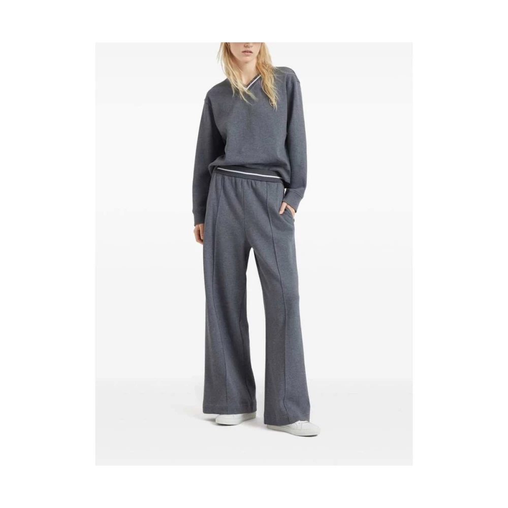 BRUNELLO CUCINELLI Grijze Katoenen V-hals Sweatshirt met Streep Trim Gray Dames