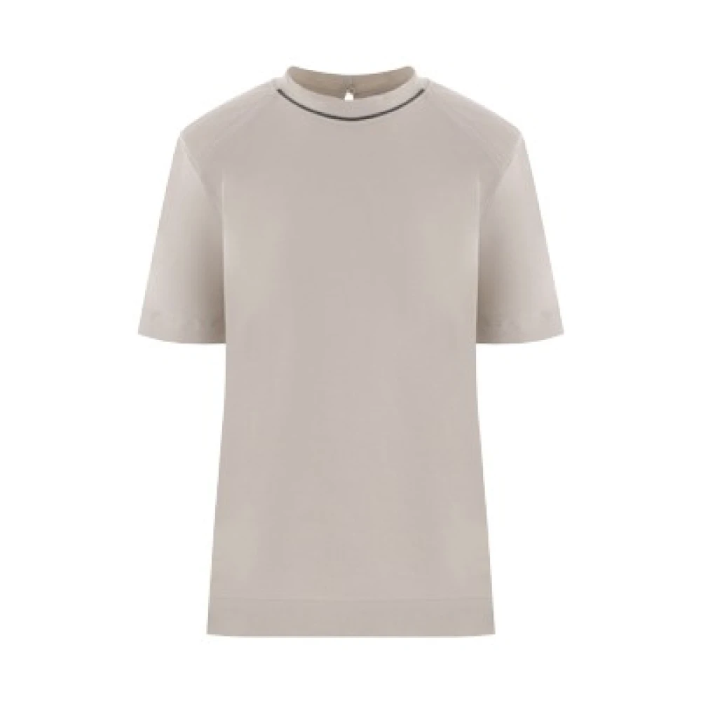 BRUNELLO CUCINELLI Kwarts Grijze Katoenen Jersey T-shirt met Monile Detail Beige Dames