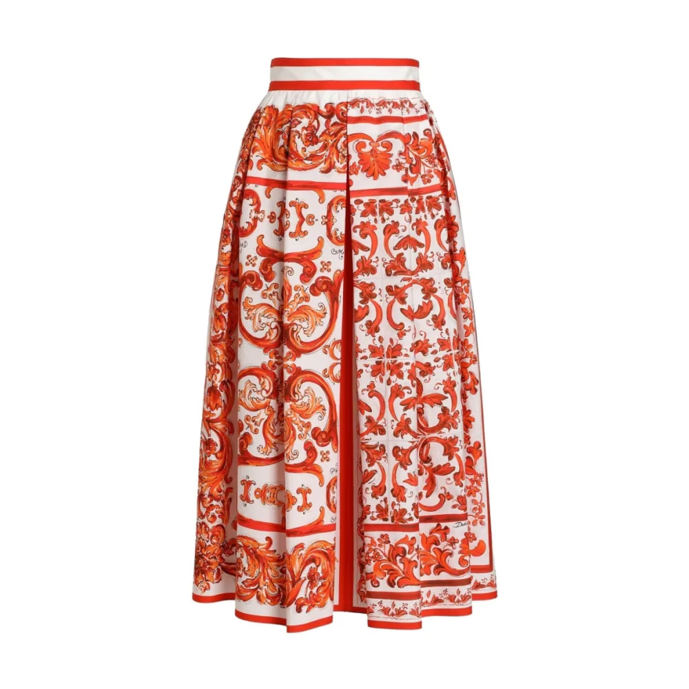 Dolce & Gabbana , Midi Skirts, Female, Multicolor, L, Majolica Print Poplin Pleated Skirt