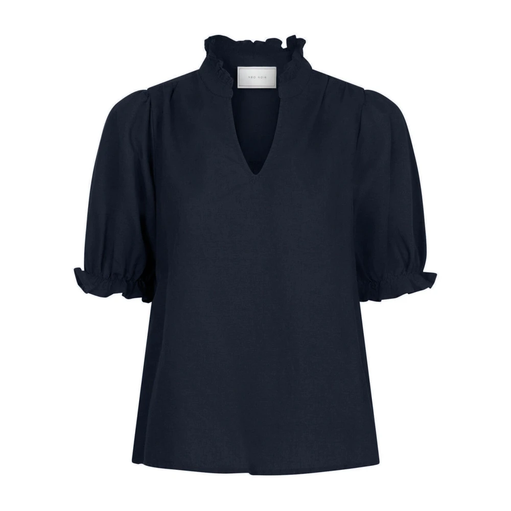 Neo Noir Blue Blouses, Female, Xs, Navy Blouse With Puff Sleeves