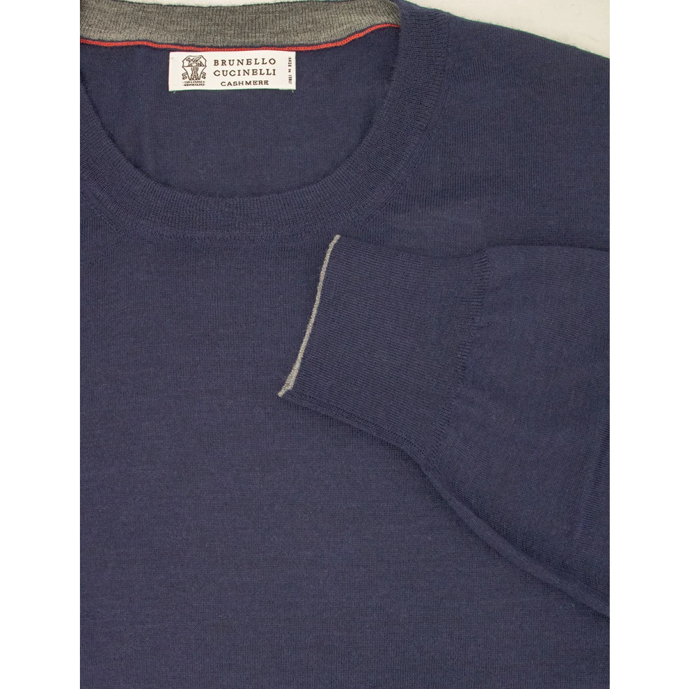 BRUNELLO CUCINELLI Elegant Crew-Neck Slim Fit Sweater Blue Heren