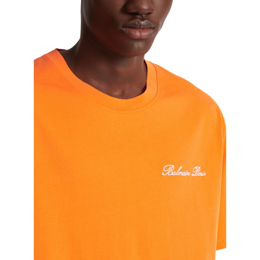 Balmain Relaxed T-shirt met handtekeningborduursel Orange Heren