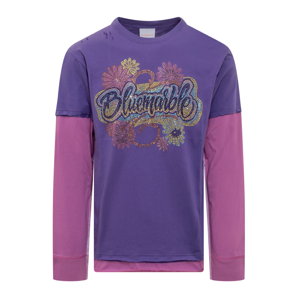 Bluemarble Dubbel T-shirt met lange mouwen en Rhinestone Logo Purple Heren