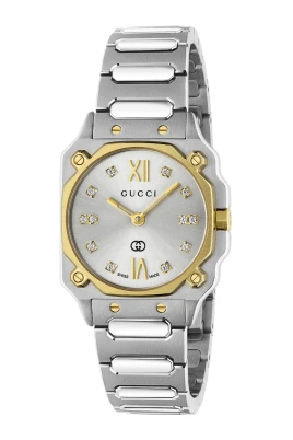 YA166503 - G-Flat 24mm rostfritt stål boett med 18 kt guldpläterad bezel och skruvar; Silvergalvaniserad urtavla med romerska index vid 12 och 6 och diamantindex; Rostfritt stål armband