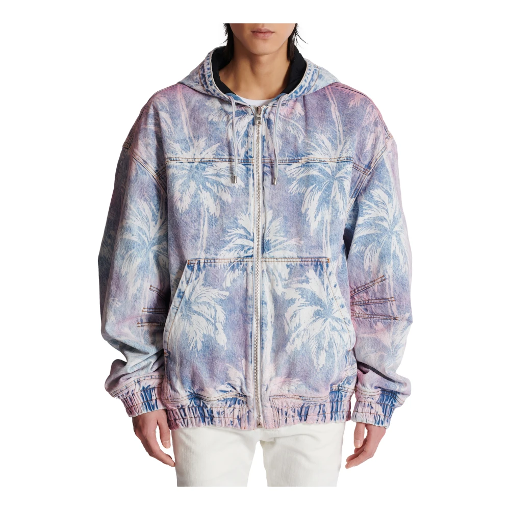 Balmain Denim Hooded Bomber Jacket met Palmboomprint Multicolor Heren