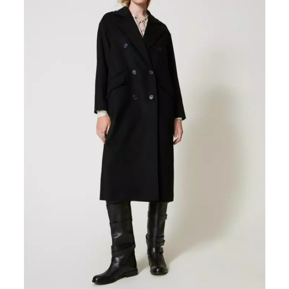 Twinset Zwarte Wollen Lange Jas Black Dames