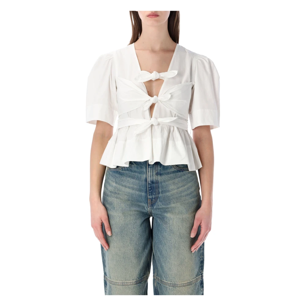 Ganni Women's White Blouses, Xs, Washed Cotton Tie-Front Blouse