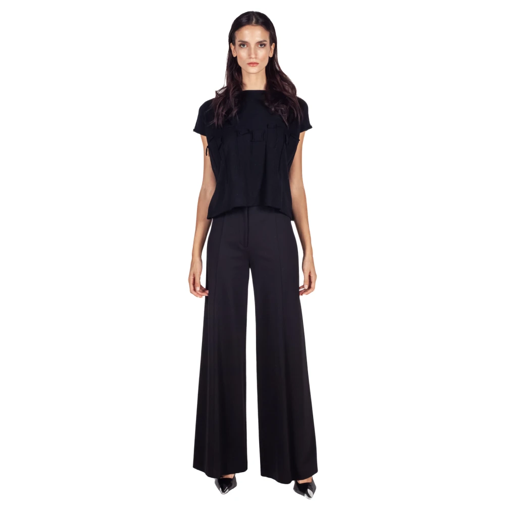 Liviana Conti Zwarte Wijde Stretchbroek met Middenzoom Black Dames
