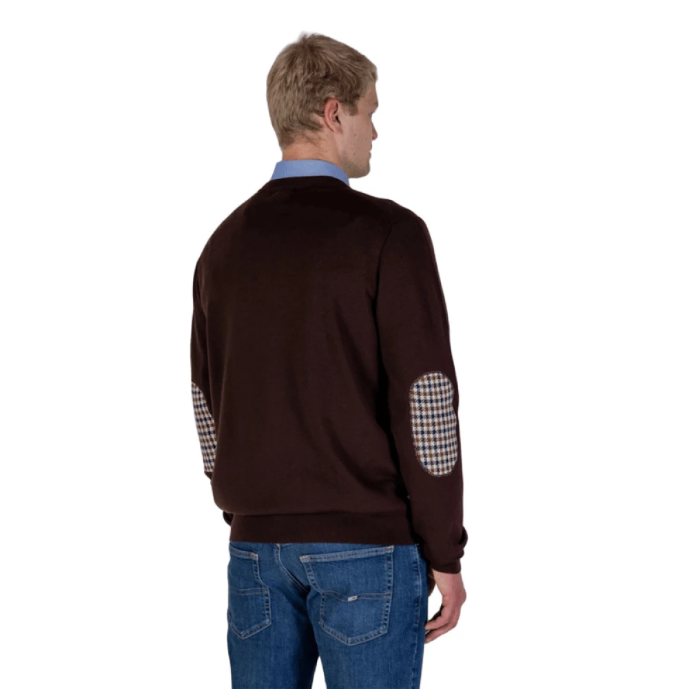Aquascutum Merino Club Check Elleboog Patches Sweater Brown Heren