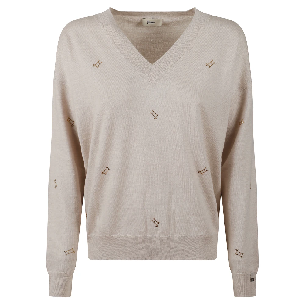 Herno Women's Beige V-Neck Knitwear, Xl, Stylish Jumpers Collection