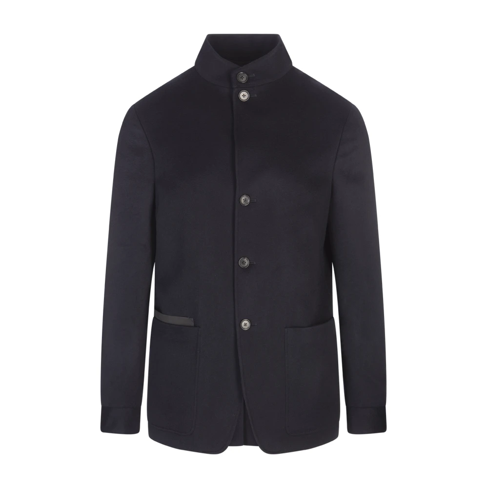 Ermenegildo Zegna Blauwe Kasjmier Midi Jas met Hoge Kraag Blue Heren