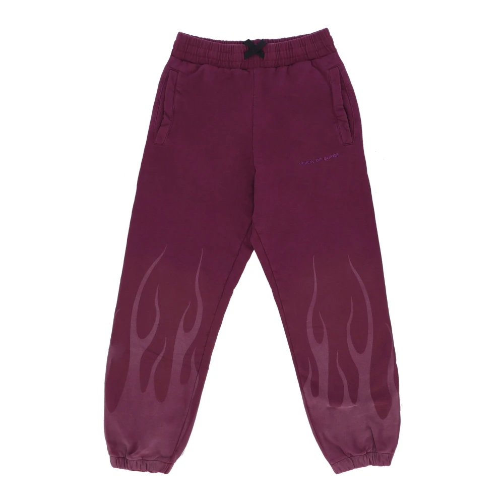 Vision Of Super Men's Brown Flames Fleece Tracksuit Pants Grape Wine