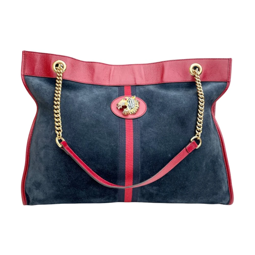 Gucci Vintage Women's Blue Pre-Owned Vintage Suede & Leather Tote Bag With Tiger Emblem