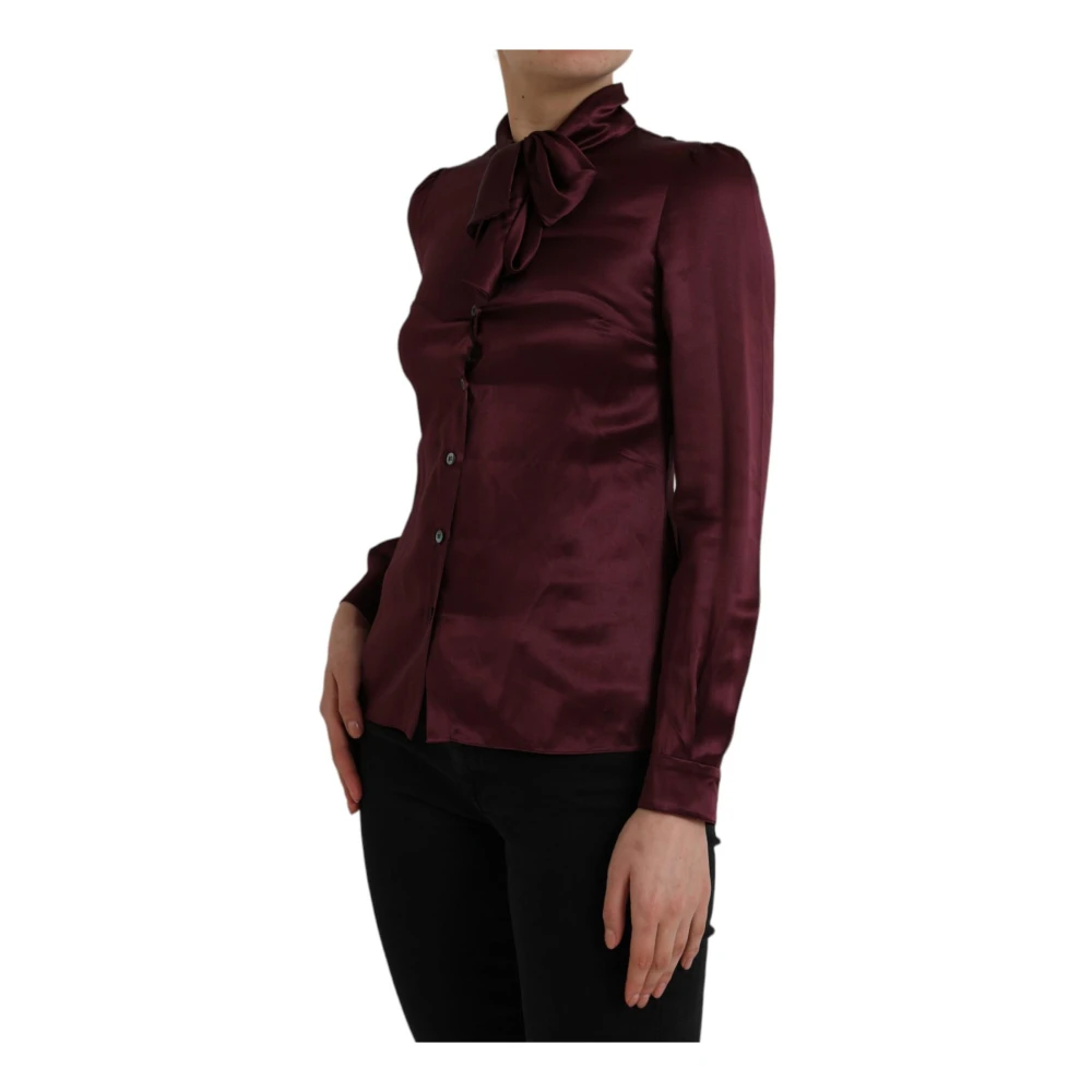 Dolce & Gabbana Bordeaux Zijden Ascot Kraag Blouse Top Brown Dames