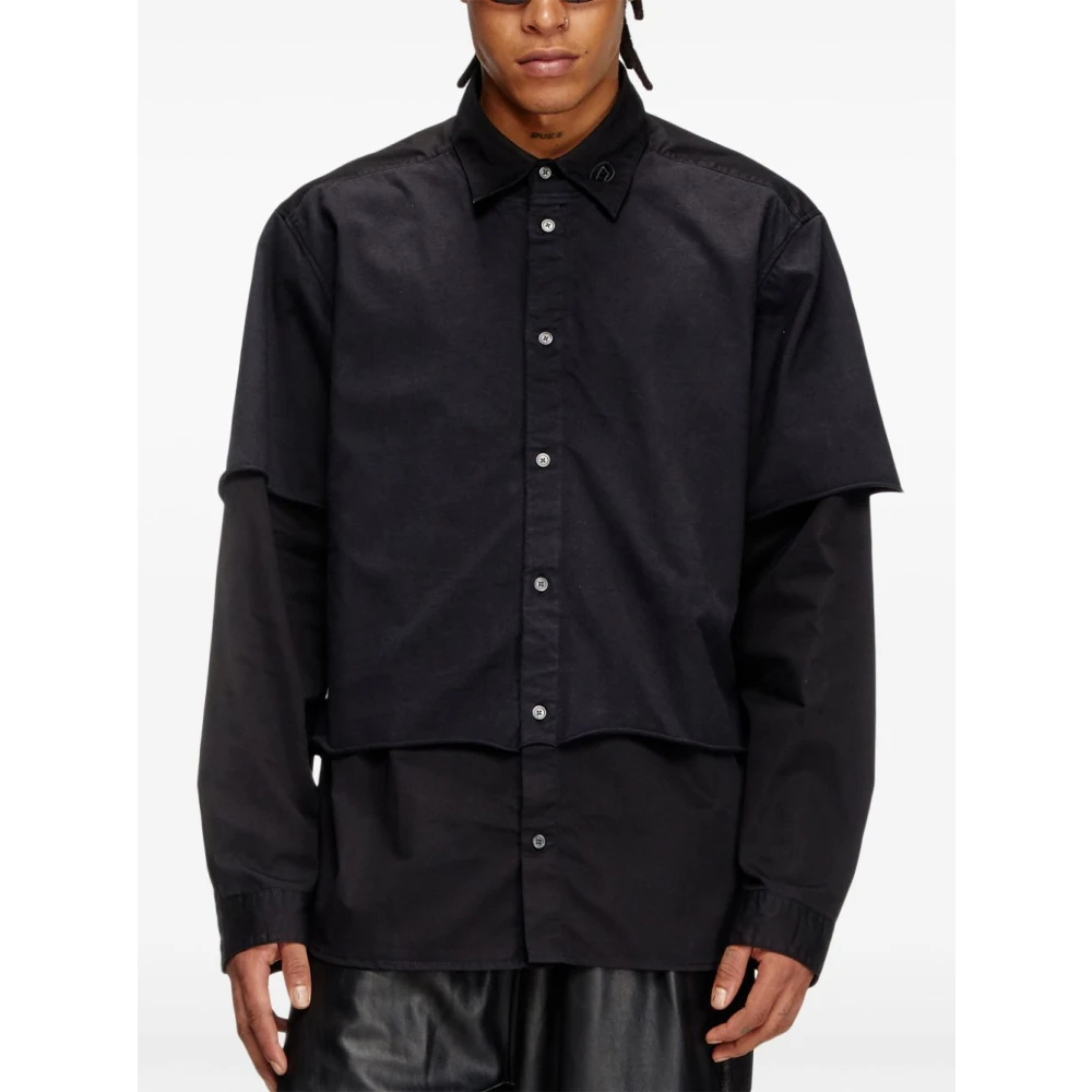 Diesel Zwarte Katoenen Twill Overhemd met Jerseylaag Black Heren