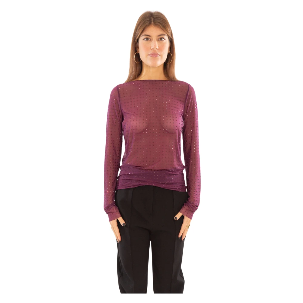 Pinko Rhinestoned Tulle Sweater in Viola Purple Dames