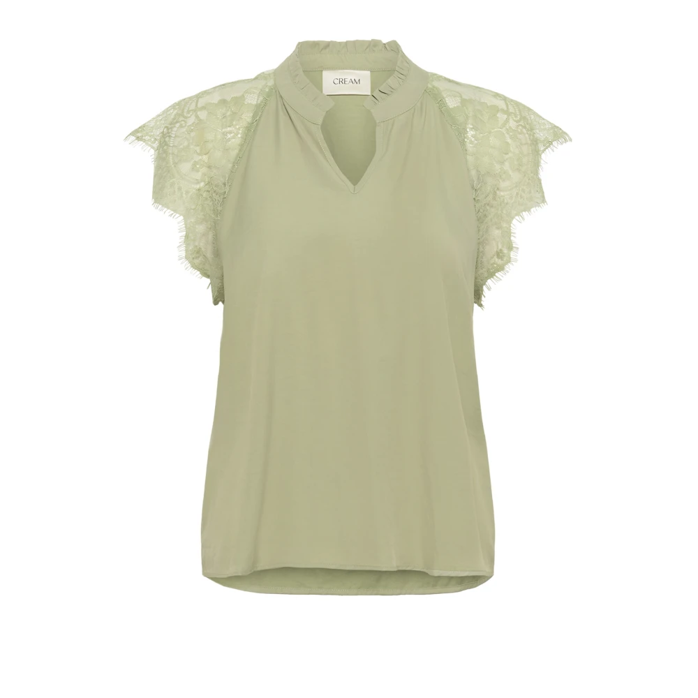 Cream Women's Green Blouses, M, Lace Blouse With V-Neck And Lace Sleeves
