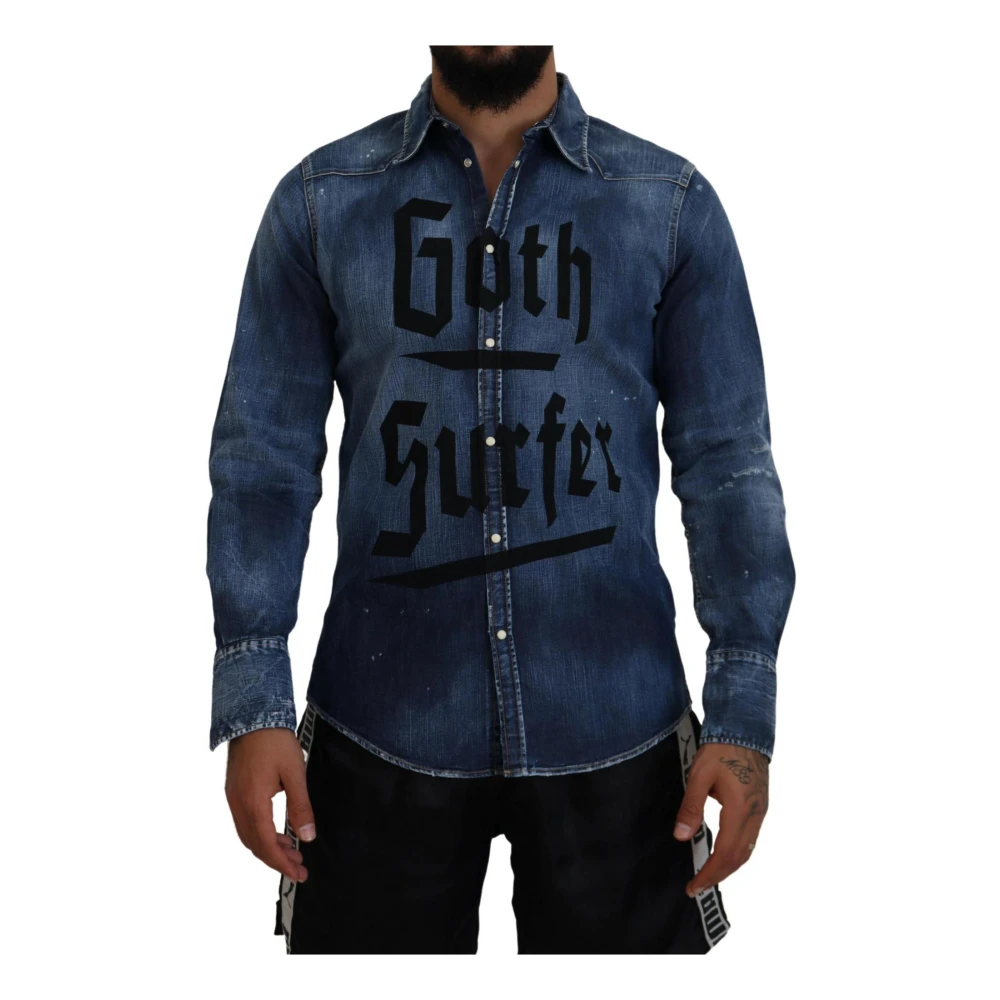 Dsquared2 Goth Surfer Print Denim Overhemd Blue Heren