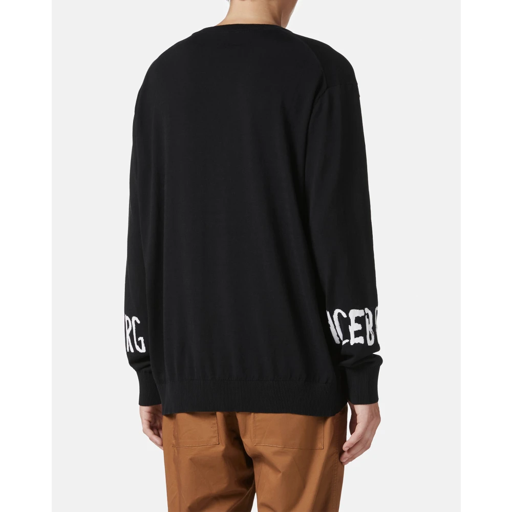 Iceberg Zwarte katoenen crewneck met logo en beerdetail Black Heren