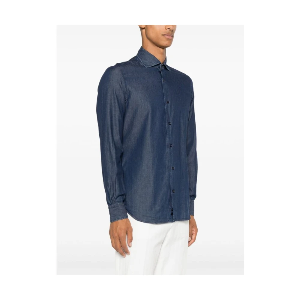 Mazzarelli Blauwe Denim Knoopshirt Blue Heren