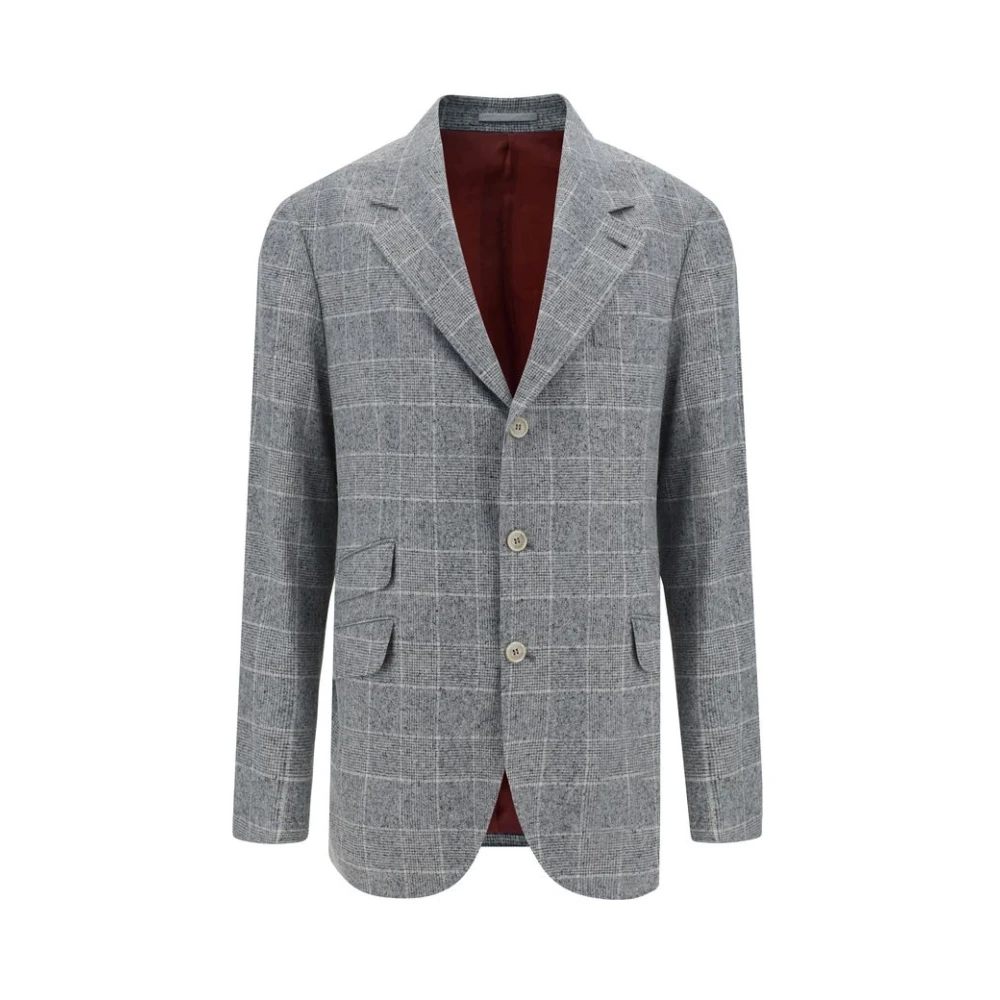BRUNELLO CUCINELLI Geruite Zijden Blazer Jas Gray Heren