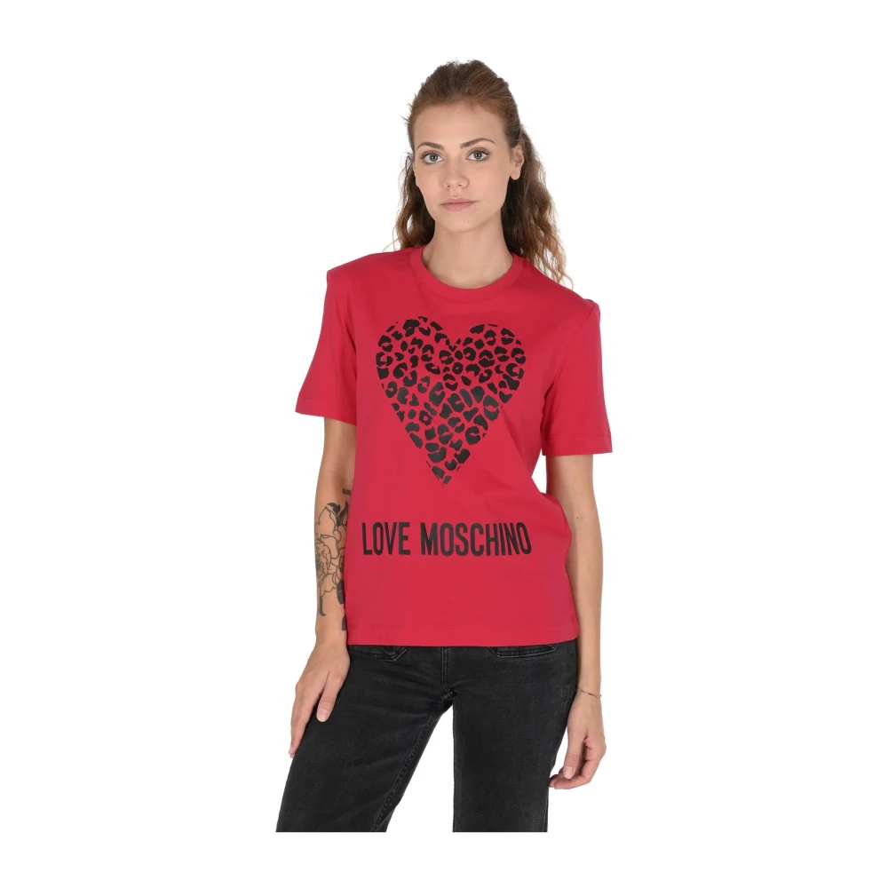 Love Moschino Women's Red Leopard Heart T-Shirt