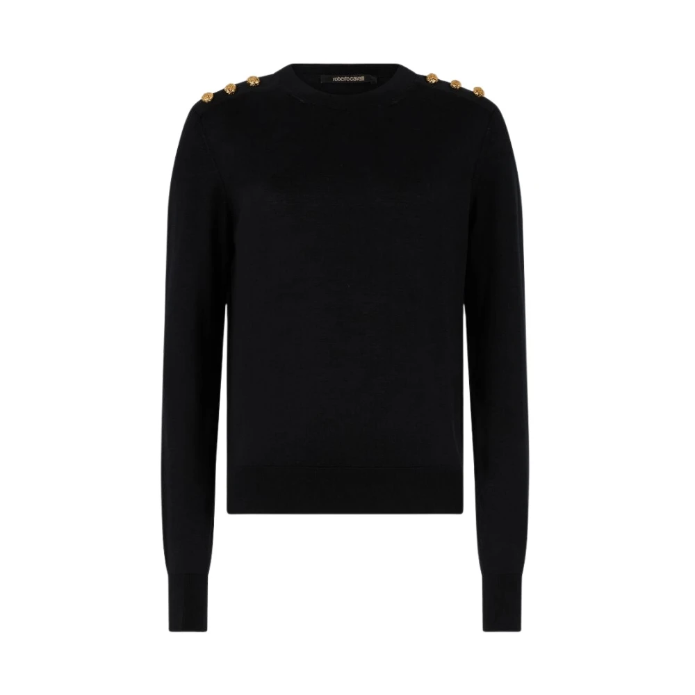 Roberto Cavalli Women's Black Round-Neck Knitwear, M, Jumper With Gold Buttons